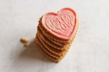 Homemade heart shaped cookies. Top view. Delicious butter cookies