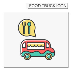 Food van color icon. Commercial vehicle for selling tasty dishes. Wheeled restaurant. Mobile road cafe. Food truck concept. Isolated vector illustration
