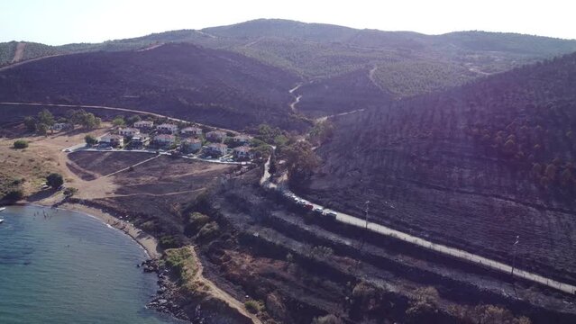 Izmir, Turkey - July 23, 2022: Aerial top view aftermath the forest fire at Derya site Seferihisar Doganbey Turkey