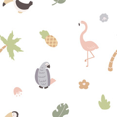 Bird safari. Parrot, flamigo and toucan. Safari pattern