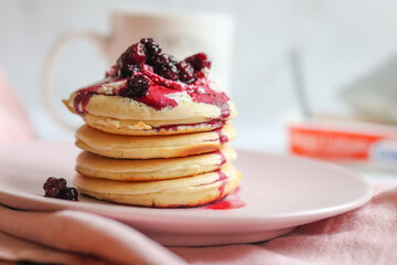 Berries pancakes, fresh summer breakfast