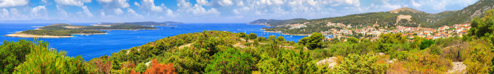 Coastal summer landscape, panorama - view from the island of Hvar to the Paklinski Islands and the...