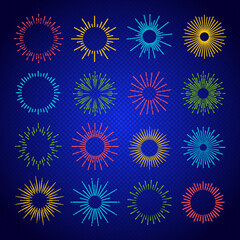 Vector Illustration neon sunburst set colorful style isolated on transparent background. Firework explosion, star, rays of light. 10 eps