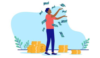 Rich ethnic man - Black person in casual clothing making money and having financial success. Flat design vector illustration with white background