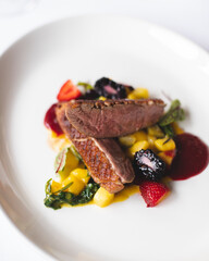 Duck breast on a substrate of fruits and vegetables, drizzled with berry sauce