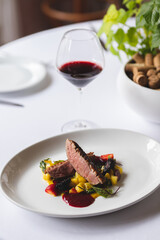 Duck breast on a substrate of fruits and vegetables, drizzled with berry sauce