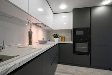 Modern simple trendy dark grey and white kitchen