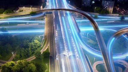 Aerial time lapse hyperlapse multiple road junction in city digital futuristic light trails. Long exposure glowing lines, drone shot city highway roadway at night. Cars driving intersection freeway - Powered by Adobe