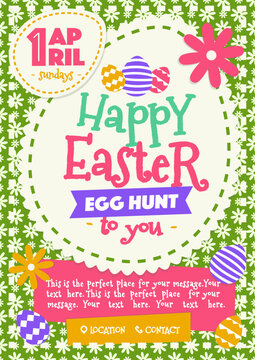 Easter party poster with wish - happy easter day egg hunt and eggs colorful style for holiday flyer, special offer, promotion, banner sale, decoration, stamp, label. Vector Illustration