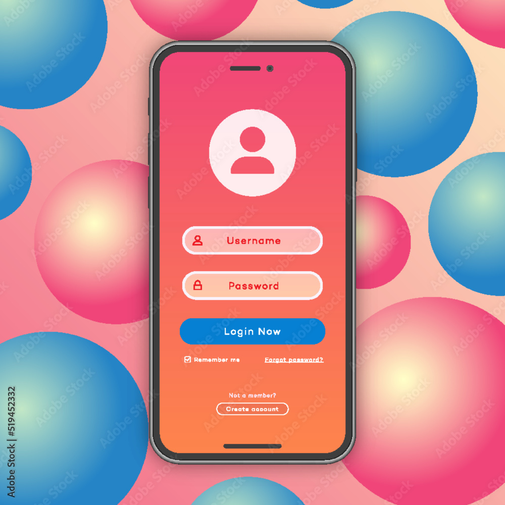 Poster vector smartphone mockup with login form page trendy background for website ui elements, app develop