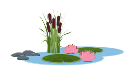 cartoon illustration of a beautiful small pond
