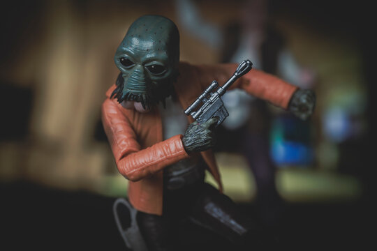 NEW YORK USA, JULY 31 2022: Star Wars Aqualish thug Ponda Baba with blaster  - Hasbro action figure