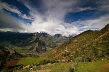 Storm clouds gathering over the Andes Mountains in the Valle Sagrado, Cuzco, Peru.