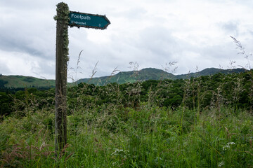 Direction sign in a green field near Comrie in Scotland