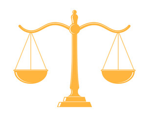 Scales balance icon. Gold icon of scales of law and justice for weight of legal judge. Lawyer's equal libras for symbol in flat for court. Vector. Scales equilibrium illustration on white