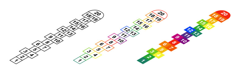 Hopscotch games set. Hop scotch chalk games icons for kids playground and school. Kid game with for jumps isolated illustration for play on street. Vector