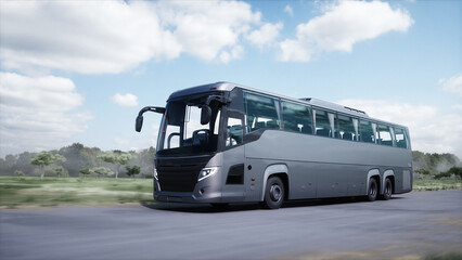 Fototapeta premium Touristic bus very fast driving on highway. Tourism, travel concept. 3d rendering.