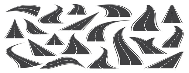 Bending asphalt roads and highways. Roadway, winding road with white markings icon set. Travel, transportation concept