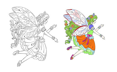 beautiful winged fairy girl coloring illustration