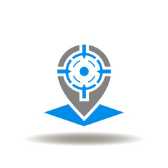 Vector illustration of location map marker with aim. Icon of navigation, tarcking, delivery goals. Symbol of our services.