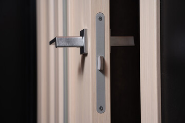 modern and secured metal door handle and latch detail