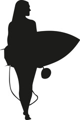 Black and White Cartoon Illustration Silhouette Vector of a Woman Carrying a Surfboard
