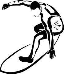 Black and White Cartoon Illustration Vector of a Man Surfing on a Surfboard