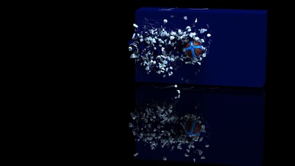 Blue-Dark Red Baseball breaking with great force through Blue wall under spot light background. 3D high quality rendering. 