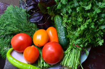 
A set of vegetables and spices as a background.