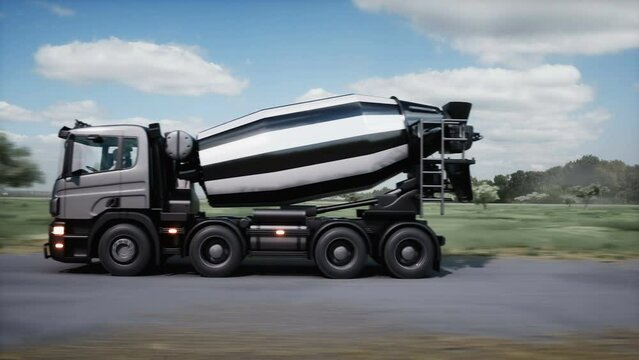 Cement truck very fast driving on highway. Building concept. Realistic 4k animation.