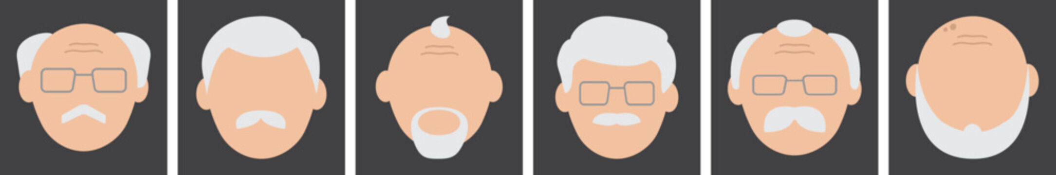 Old Man Face Vector Icon, Cartoon Avatar, Grandfather Character, Diverse Senior Men. Profile Old People. Glasses, Bald Head, Mustache, Beard And Stubble. Human Illustration