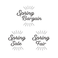 お洒落なバーゲン、セール、フェアのロゴと太陽線のセット 春