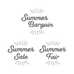 お洒落なバーゲン、セール、フェアのロゴと太陽線のセット 夏
