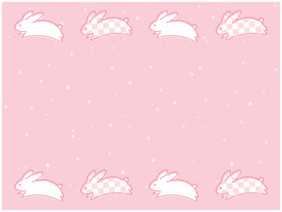うさぎのイラストと和風の背景フレーム　市松模様　ピンク