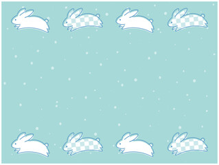 うさぎのイラストと和風の背景フレーム　市松模様　青色