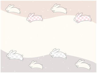 うさぎのイラストと和風の背景フレーム　市松模様　ナチュラルカラー