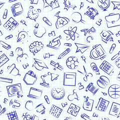 Seamless education and school pattern with hand drawn thin line icons school supplies on checkered background. Vector Illustration