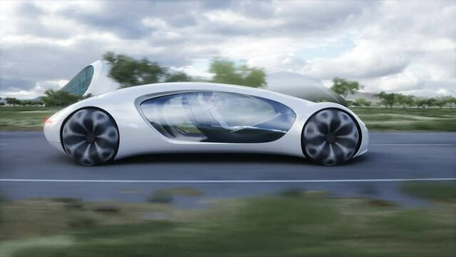 Futuristic electric car very fast driving on highway. Futuristic city concept. Realistic 4k animation.