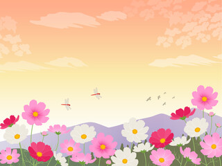 コスモスと秋の山の風景_イメージ背景_ベクターイラスト © あ こ