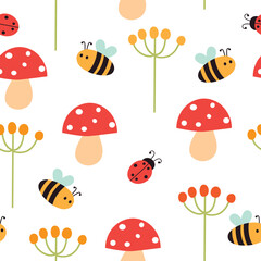 Cute seamless pattern with bee, ladybug, mushroom and plants. Childish texture. Vector illustration.