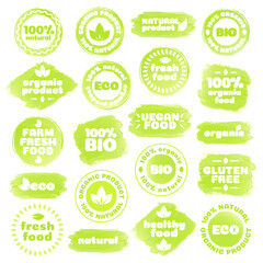 Natural product, healthy food, fresh food, organic product, vegan food, farm fresh food, gluten free, bio and eco label template watercolor shapes isolated on white background. Vector Illustration