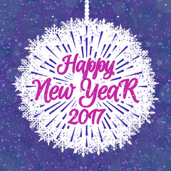 Christmas card with christmas ball consisting snowflake and wish Happy New Year on snow holiday background. Christmas emblem. Christmas decoration element. Vector Illustration