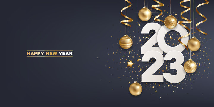 Happy new year 2023. White paper numbers with golden Christmas decoration and confetti on  dark blue background. Holiday greeting card design.
