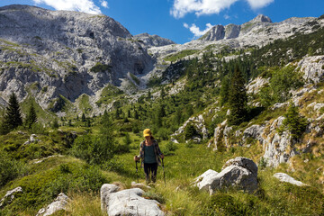 Fototapeta na wymiar Woman Hiking in Idyllic Subalpine Environment of Julian Alps Slovenia
