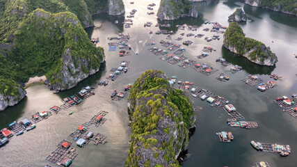 Floating fishing village and rock island in 