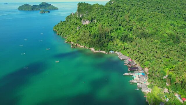 Beautiful landscape of ao kram, A fishing village by the sea. chumphon province, southern thailand. 4K drone footage. nature and travel concept.

