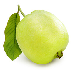 Pink guava fruit with leaf isolated on white background, Fresh Pink guava on White With clipping path.