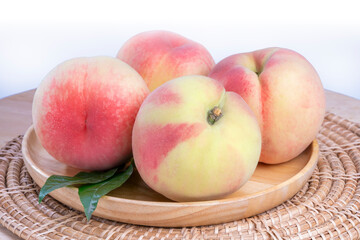 Peach fruit with leaf isolated on white background, Fresh White Peach on White Background With work path,