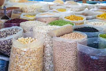 Traditional food, fruits, vegetables, corncob and yucay colors