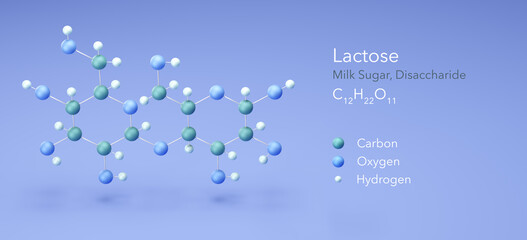 lactose, disaccharide, milk Sugar. Molecular structure 3d rendering, Structural Chemical Formula and Atoms with Color Coding, 3d rendering